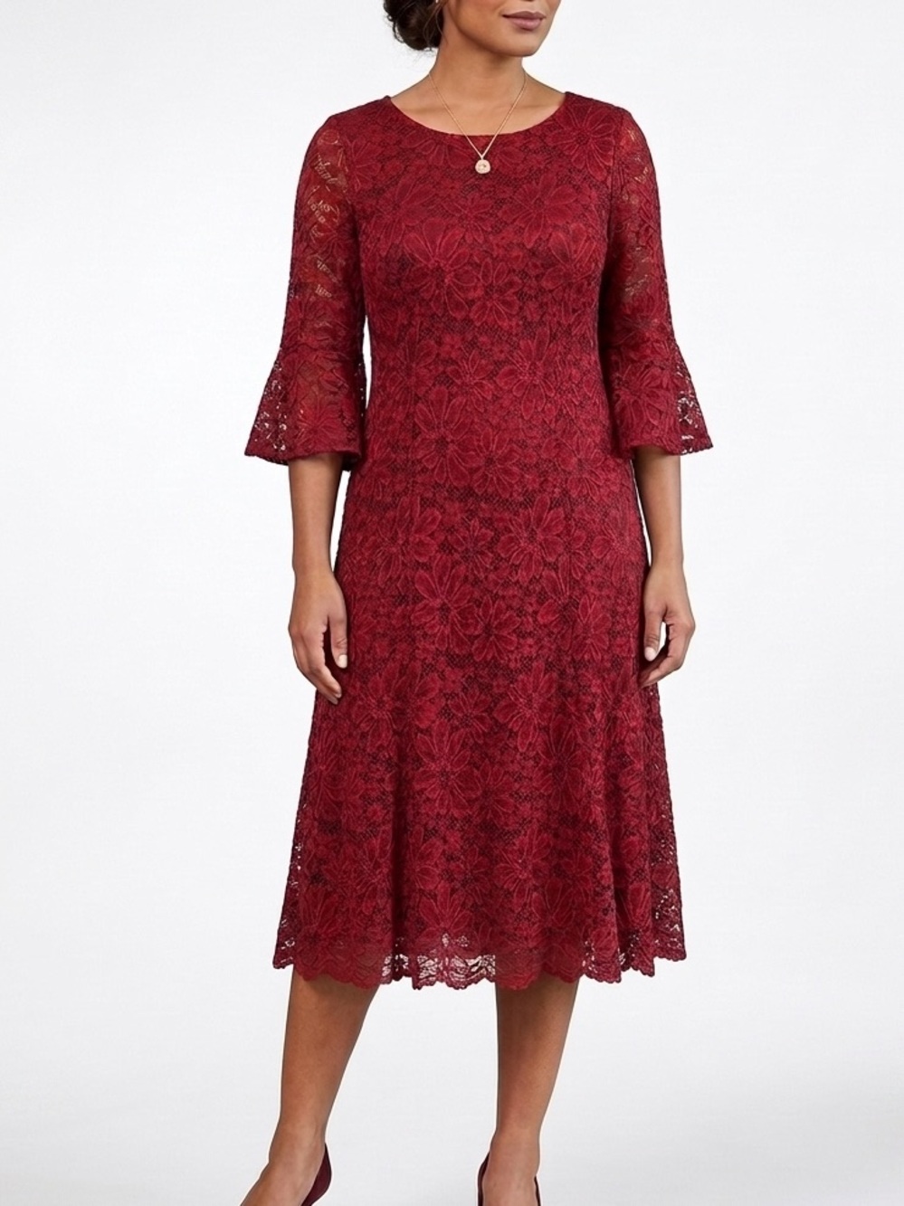 Perceptions Deep Red Burgundy Floral Lace Bell Sleeve Formal Midi Dress